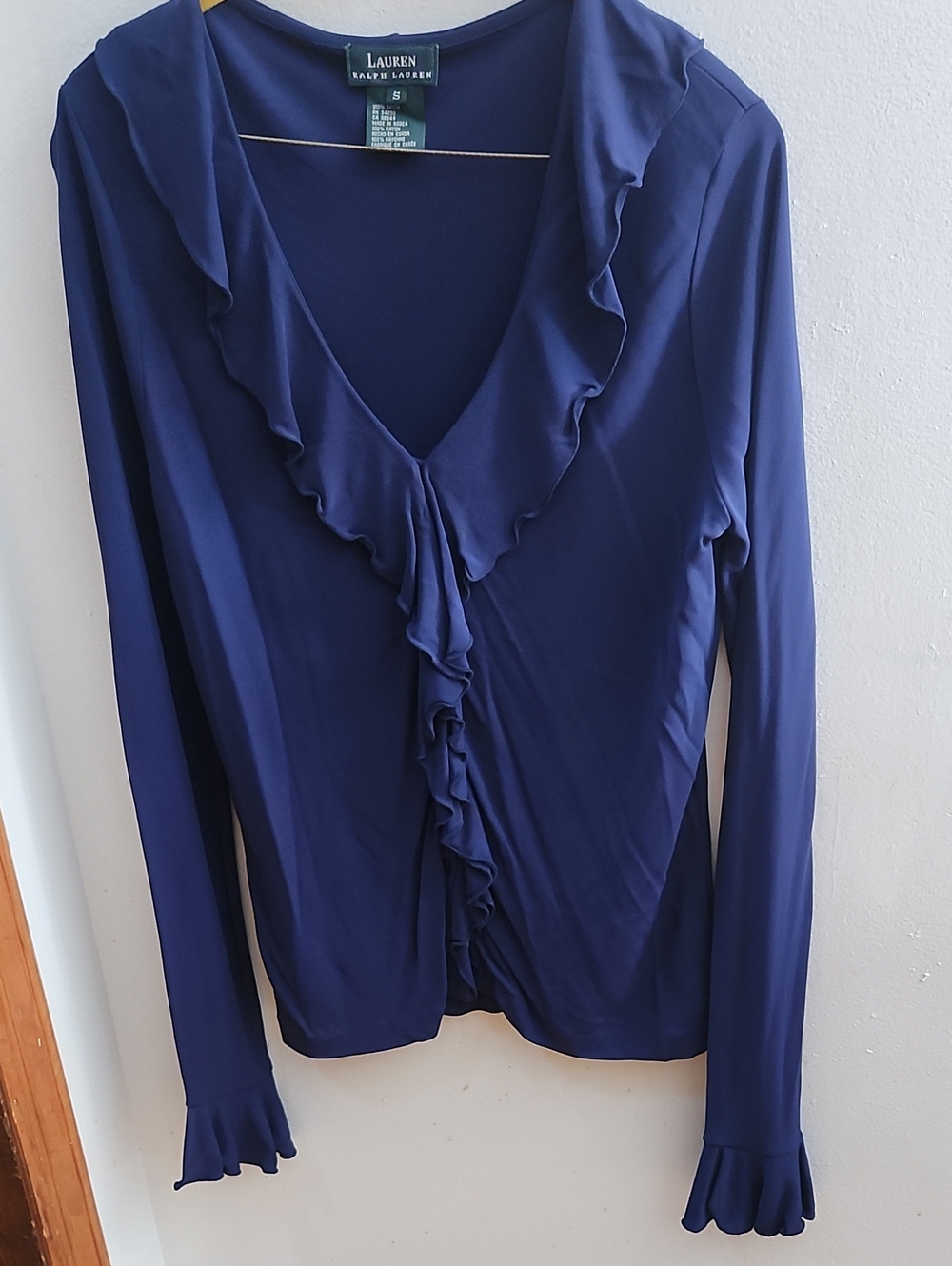 Lauren Ralph Lauren Deep Blue Ruffle-Front Long Sleeve Top